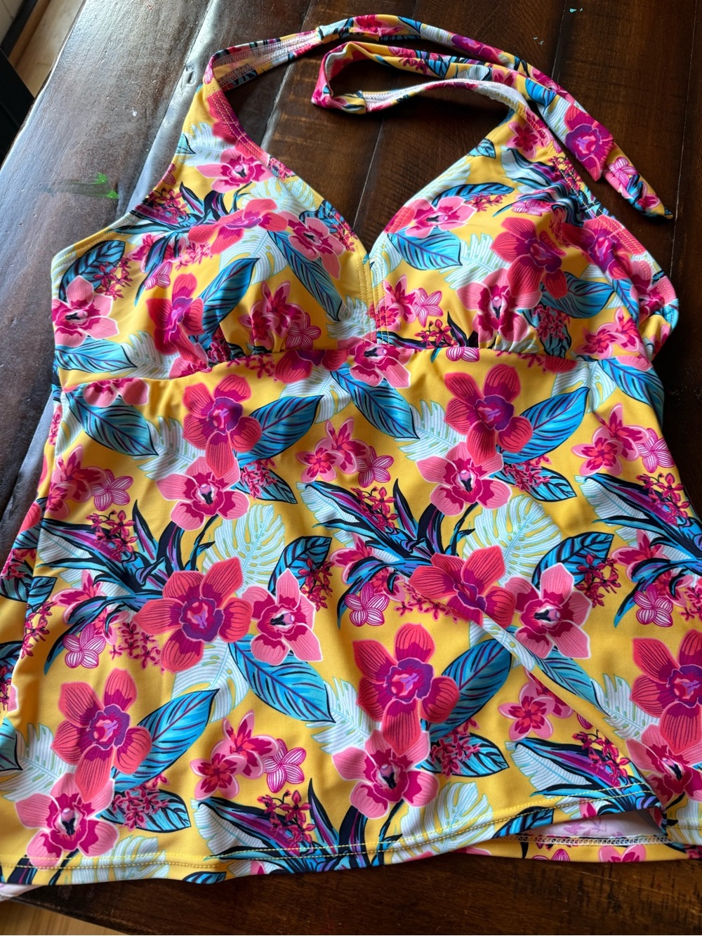 Hawaiian floral swim halter with reinforced straps and sewn in pads